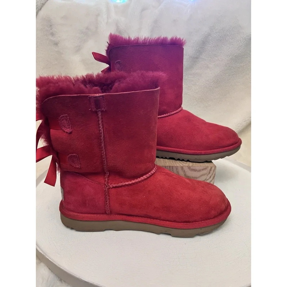 UGG Fuchsia pink Bailey Bows Boot Sz 4 Colorblock Suede Sheepskin Lined Boho